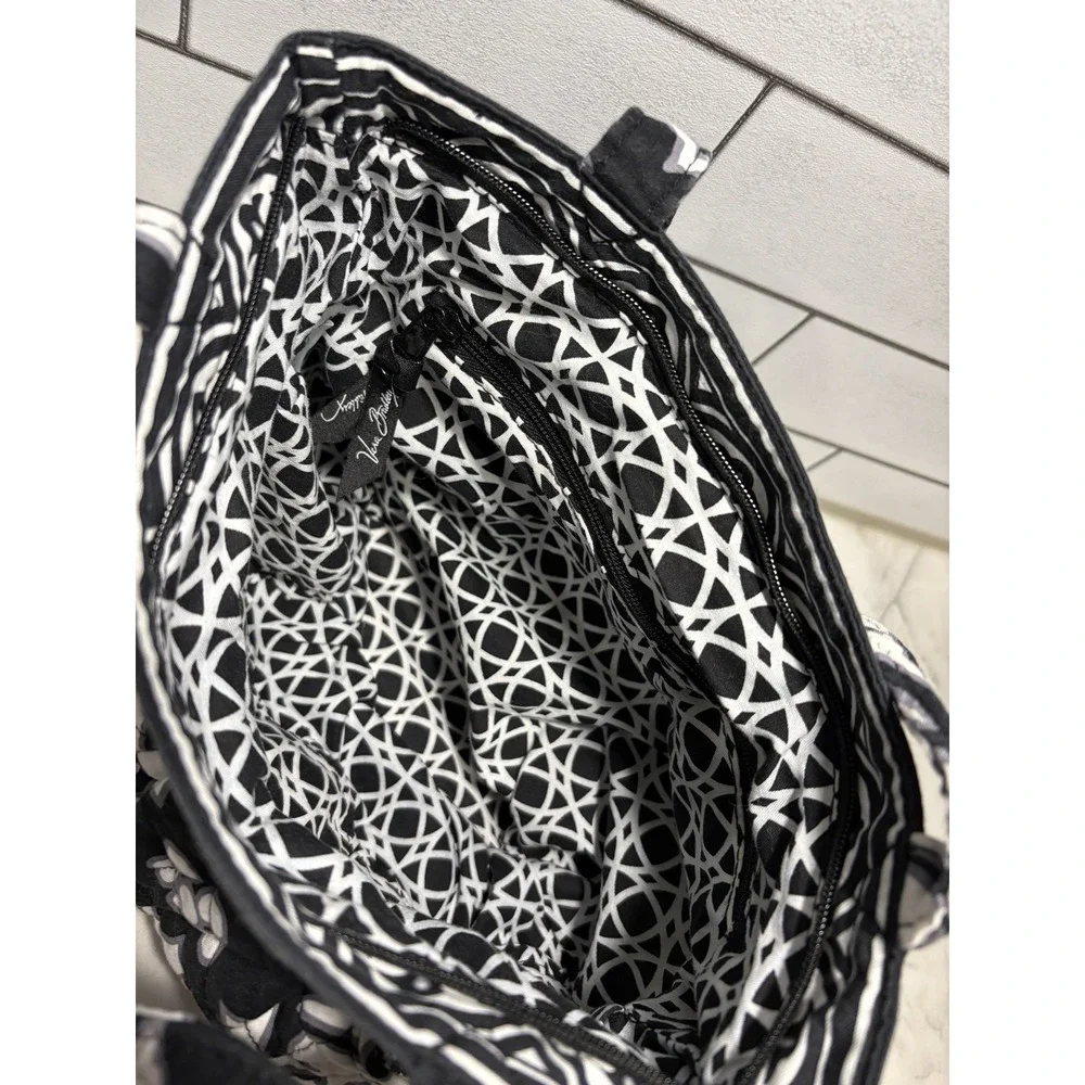 Vera Bradley Night and Day Black White Floral Quilted Tote Purse Retired Zipper